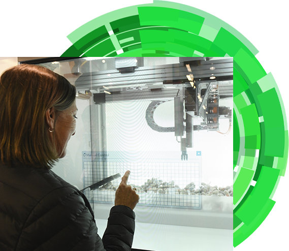 Woman pointing at objects in a display