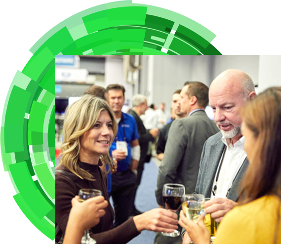 Group of people enjoying drinks on expo floor